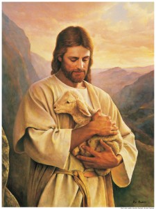 Jesus Christ cradling a lamb