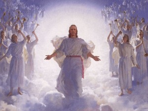 Jesus Christ returns in glory surrounded by angels